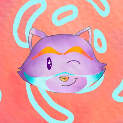 Illustration d'un visage d'un raton-laveur violet, Allegro, clignant de l'œil sur fond rose et bleu.