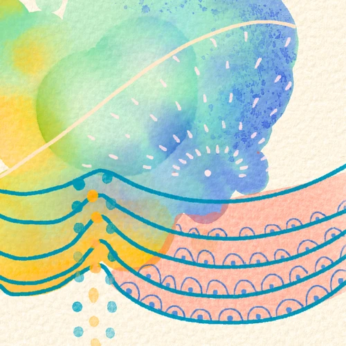 Aquarelle abstraite aux couleurs pastel avec motifs ondulés et circulaires. par Lyriamuse