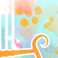 Image abstraite colorée de taches orange et bleu avec une harpe représentant une partie du logo de Lyriamuse.
