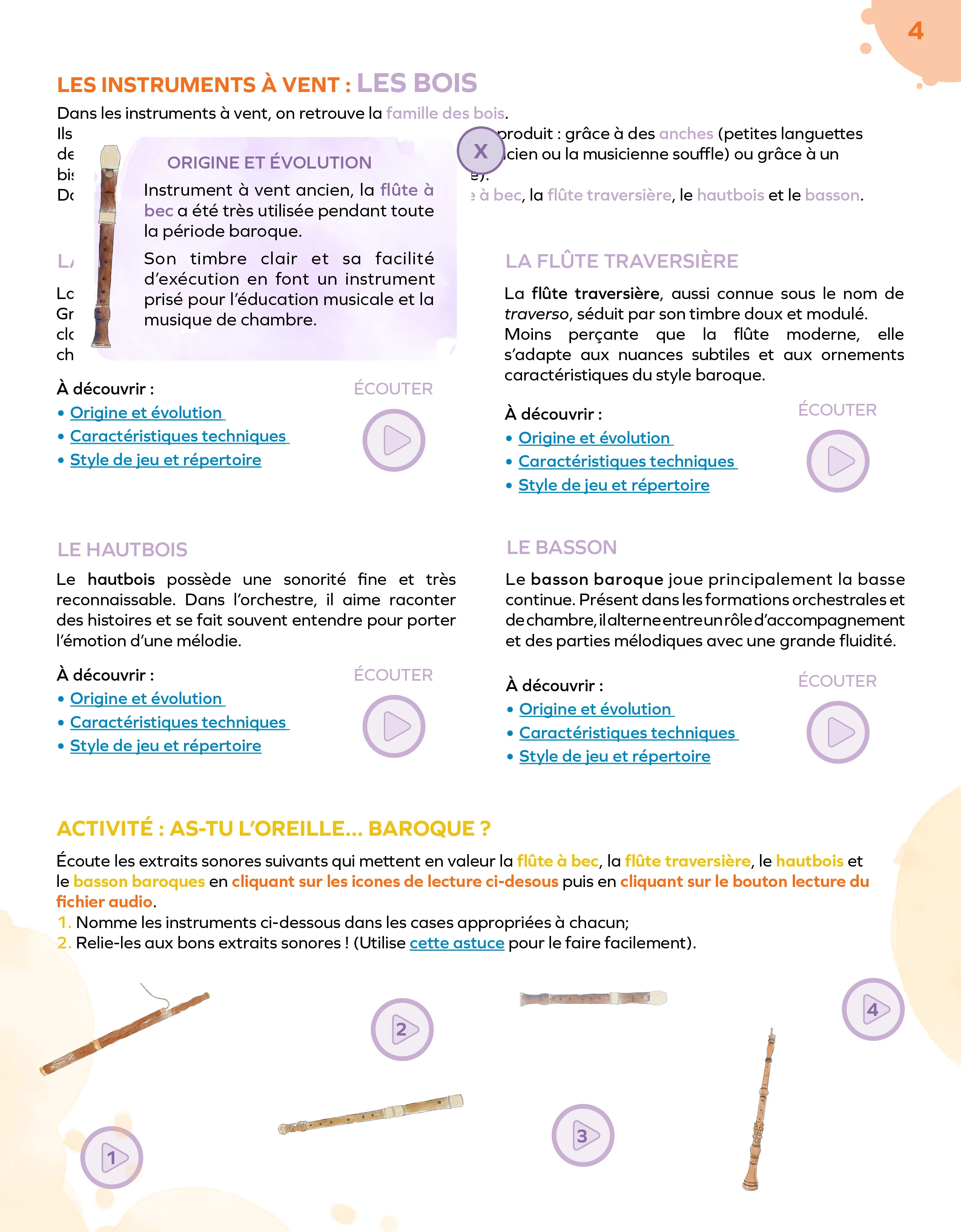 page présentant les instruments de la famille des bois baroques avec jeu sonore